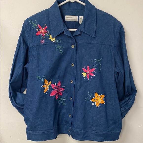 Alfred Dunner Petite Blue Floral Jacket Embroidered Women's Jean Size 14P - Picture 1 of 8